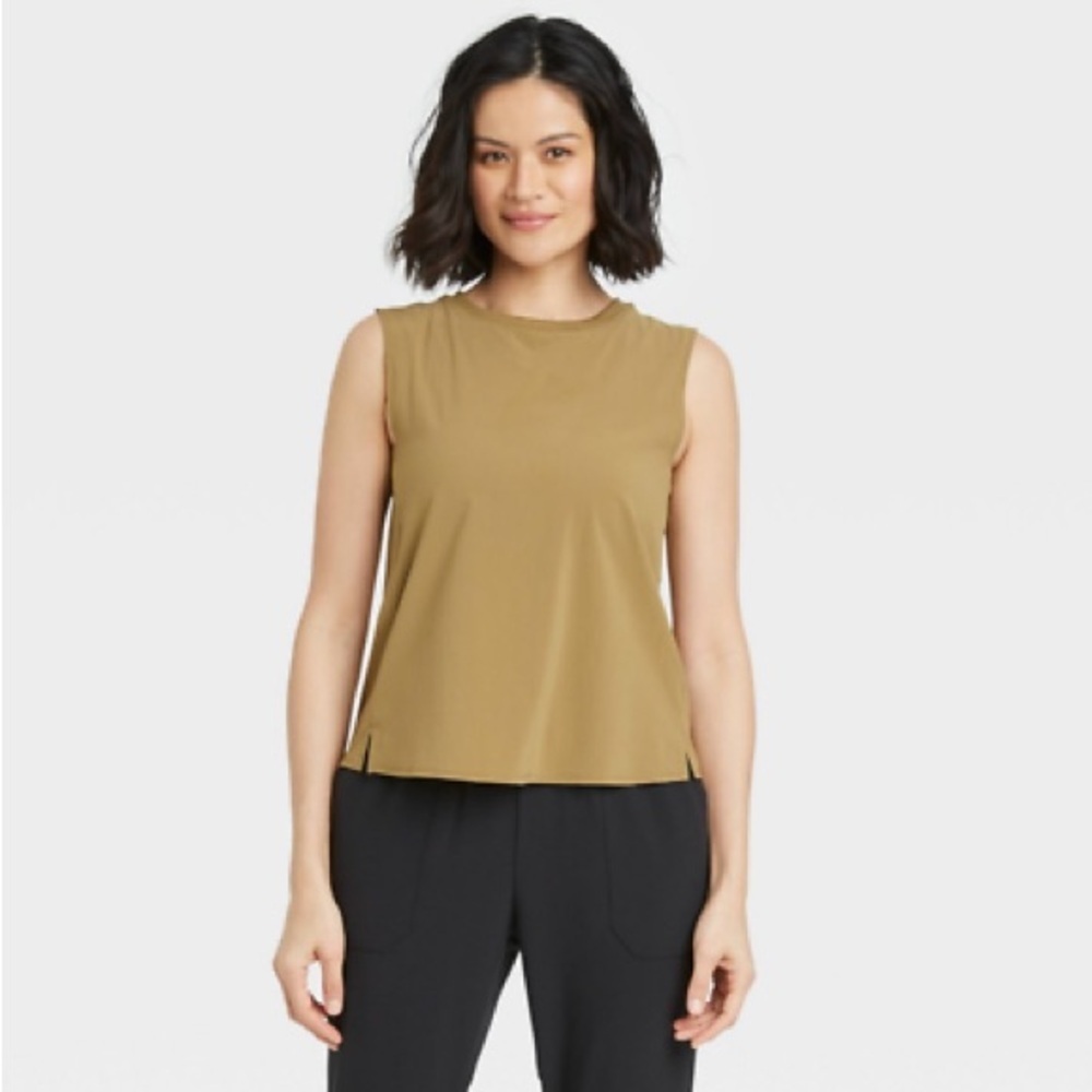 Large all in motion nylon spandex high neck sleeveless top olive green tan